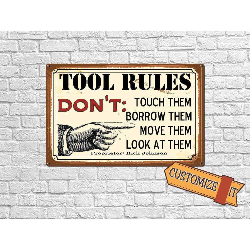 Workshop Tools Name - ป้ายโลหะกฎเกณฑ์เครื่องมือแบบปรับแต่งได้ 1 ชิ้น, ป้ายชื่อส่วนตัวสไตล์วินเทจสำหรับตกแต่งผนังในห้องทำงาน โรงรถ หรือห้องพักผ่อนส่วนตัว